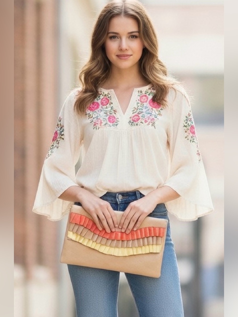 Vintage Beige Leatherette Clutch with Coral, Tan & Yellow Ruffle Accent